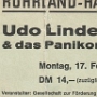 Udo Lindenberg & das Panikorchester - am 17.2.1975 in der Ruhrlandhalle Bochum<br />Während des Konzertes gab es eine Demo der örtlichen Knackies, die Freigang hatten.<br /><br />http://www.lokalkompass.de/bochum/kultur/panikrocker-sorgte-fuer-turbulenzen-d662683.html