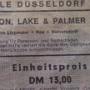 Emerson, Lake & Palmer - Düsseldorf Philipshalle - 31.3.1973<br />Diesmal ging's ohne cousinige Übernachtung nach Düsseldorf, mit meinen Kumpels Karl, Karl, Willi und diversen alkoholischen Getränken.<br />Durch eine Reifenpanne an einem der Trucks, der den riesigen Bühnenaufbau transportierte, verzögerte sich der Konzertbeginn um 3 Stunden, es ging erst um 23 Uhr los - ohne Vorgruppe....<br />Wie wir mitten in der Nacht wieder nach Hause gekommen sind weiss ich nicht, aber es war Samstag und Sonntags kann man ja ausschlafen.<br /><br />Setlist:<br />Tarkus  <br />Hoedown  <br />Abbadon's Bolero  <br />Jeremy Bender  <br />The Sheriff  <br />Take a Pebble  <br />Pictures at an Exhibition  <br />Karn Evil 9: 1st Impression  (Part 2) <br />Toccata  <br />Drum Solo  <br />America<br /><br />Einen Artikel zur Tour: http://www.spiegel.de/spiegel/print/d-42648902.html